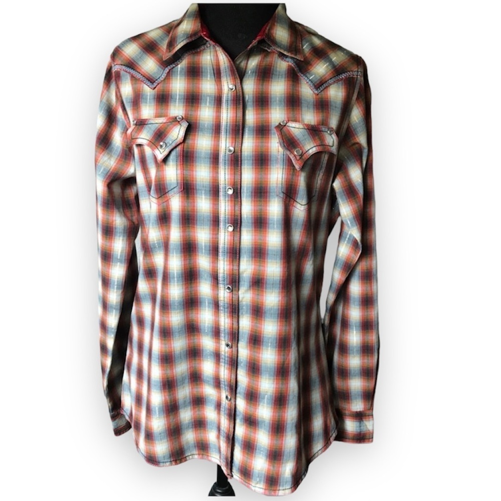 Wrangler Rock 47 Red Yellow Plaid Rhinestone Snap Up Western Shirt Medium